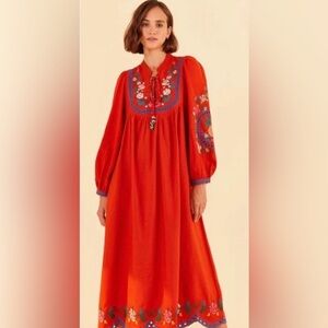 NWT FARM RIO Floral Cross Stitch Embroidered Voluminous Sleeve Beaded Midi Dress